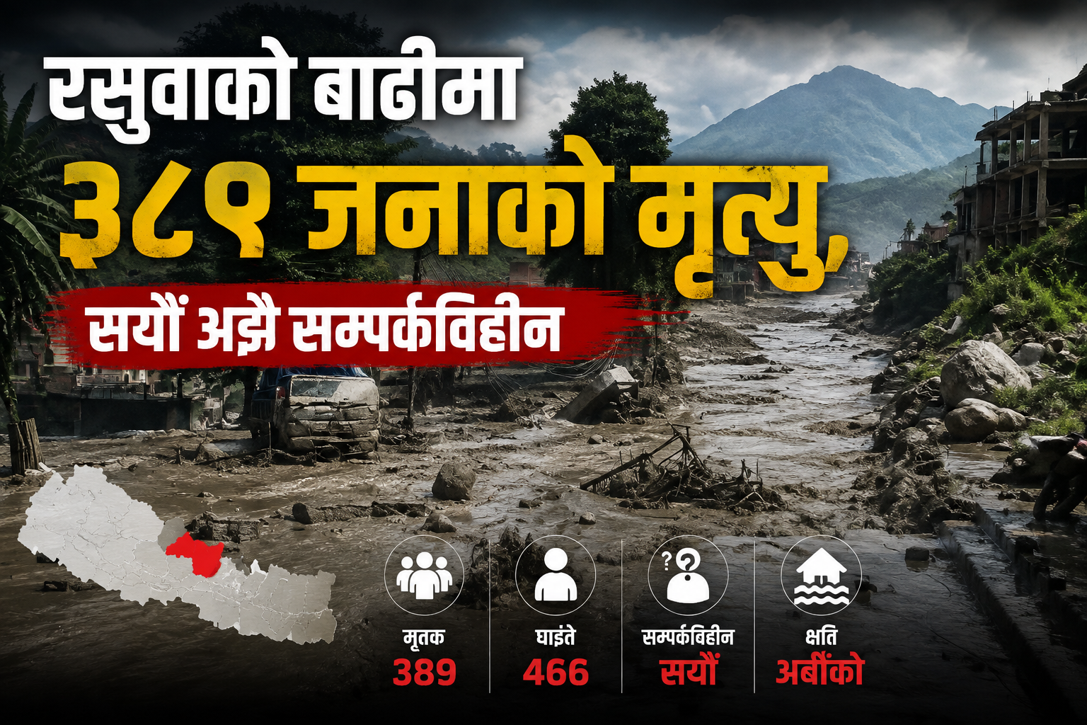रसुवाको बाढीमा ३८९ जनाको मृत्यु, सयौँ अझै सम्पर्कविहीन